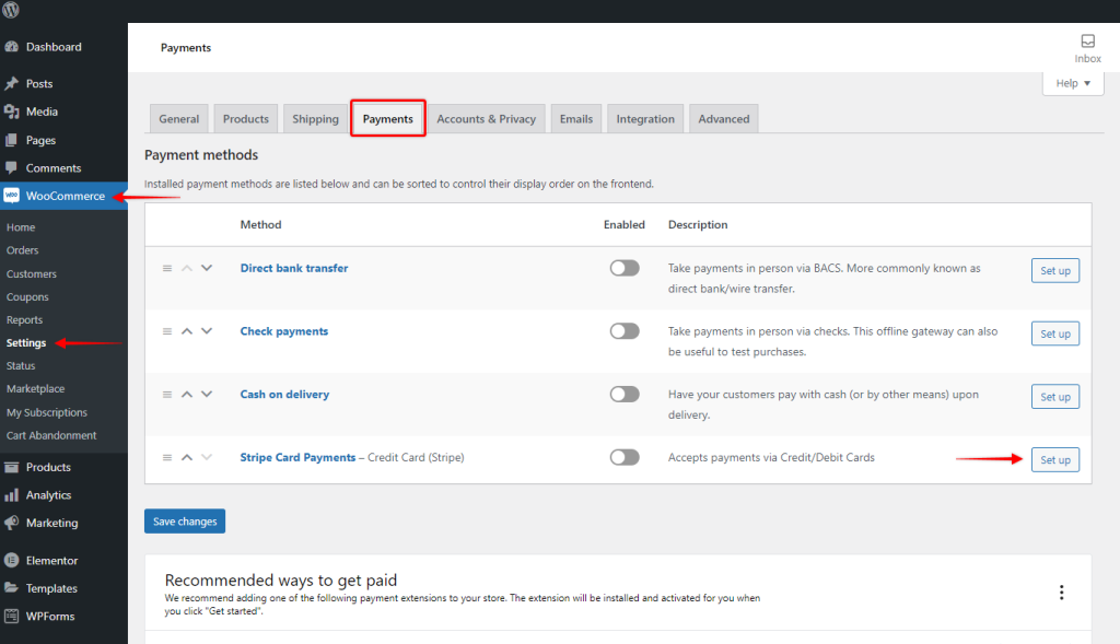 Set up stripe card payments checkout plugins