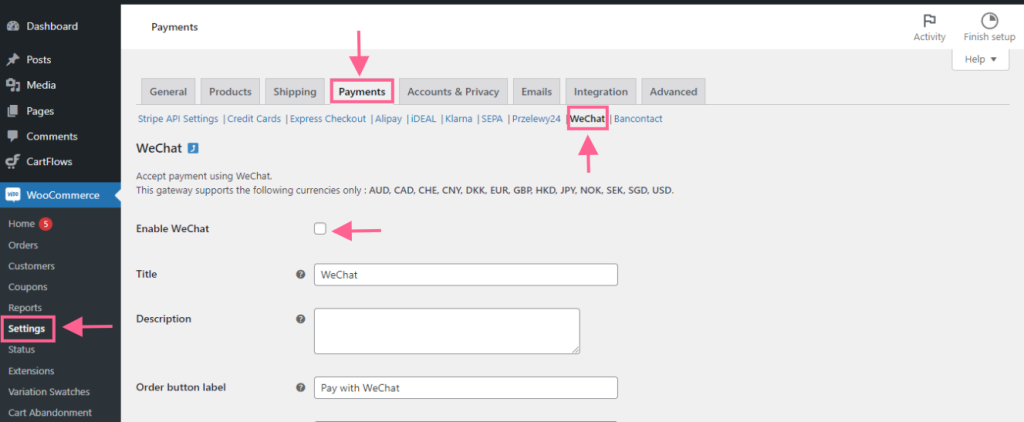 Enable wechat payment method